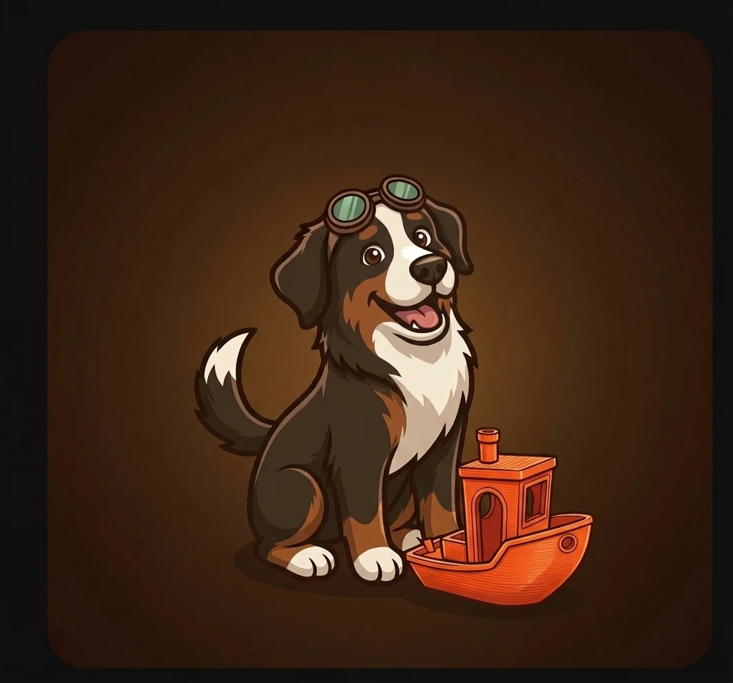 Bollo, la mascota de BolloPrint, con un benchy recién impreso